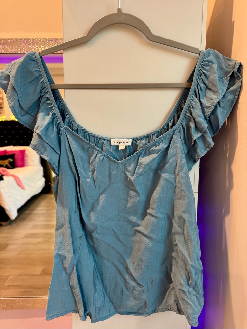 Blu Pepper Dusty Blue Ruffle Sleeve Blouse